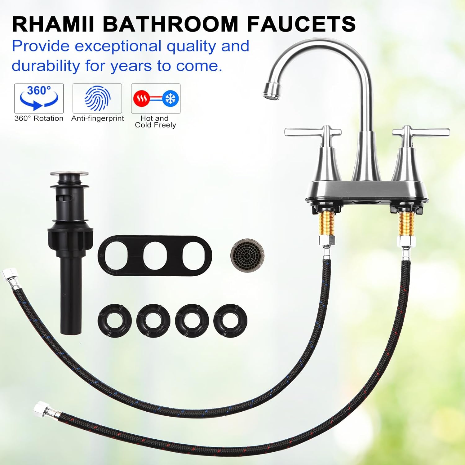 Grifo de baño, grifo de lavabo de baño de 3 agujeros de 4 pulgadas, juego central de acero inoxidable sin plomo, 2 asas, con drenaje desplegable y 2