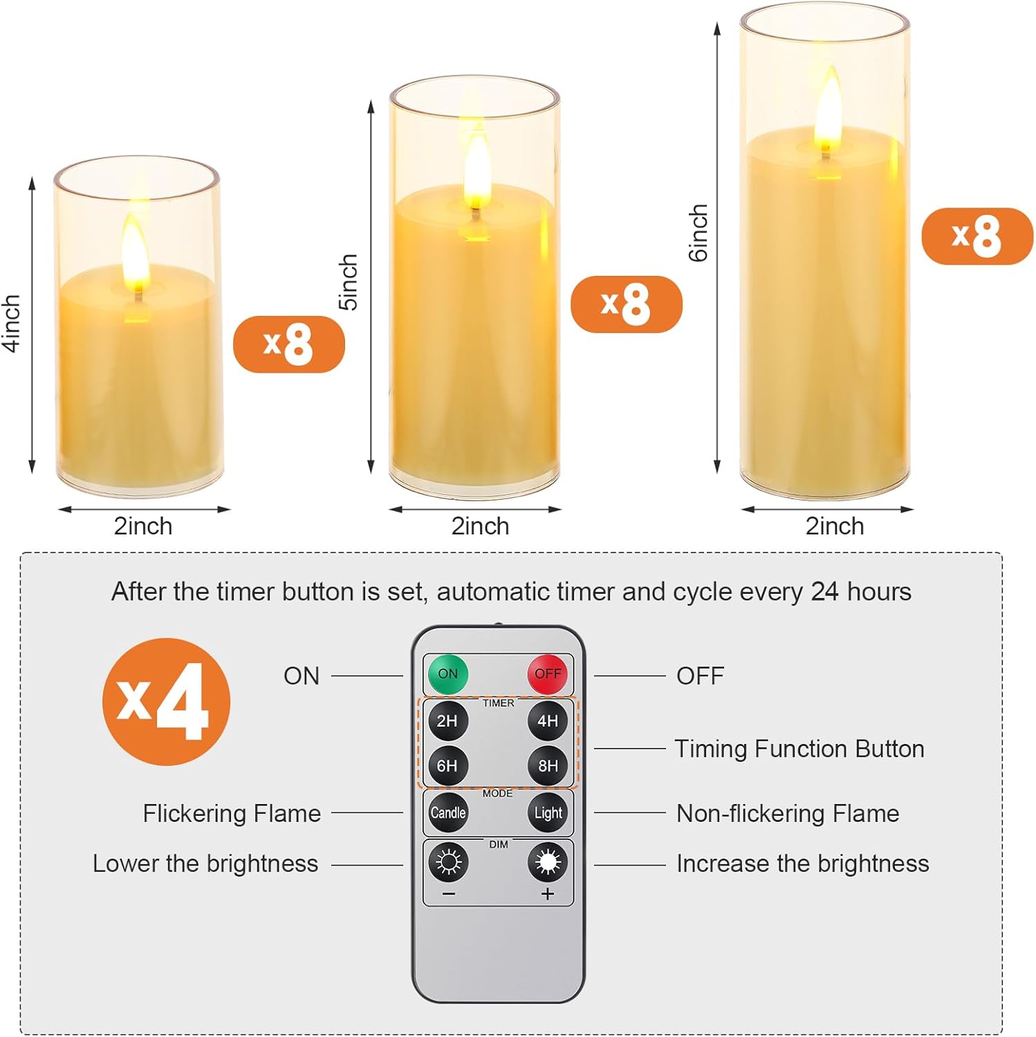 Retisee 24 velas parpadeantes sin llama, velas LED de pilar con 10 controles remotos que funcionan con pilas para exteriores e interiores, velas