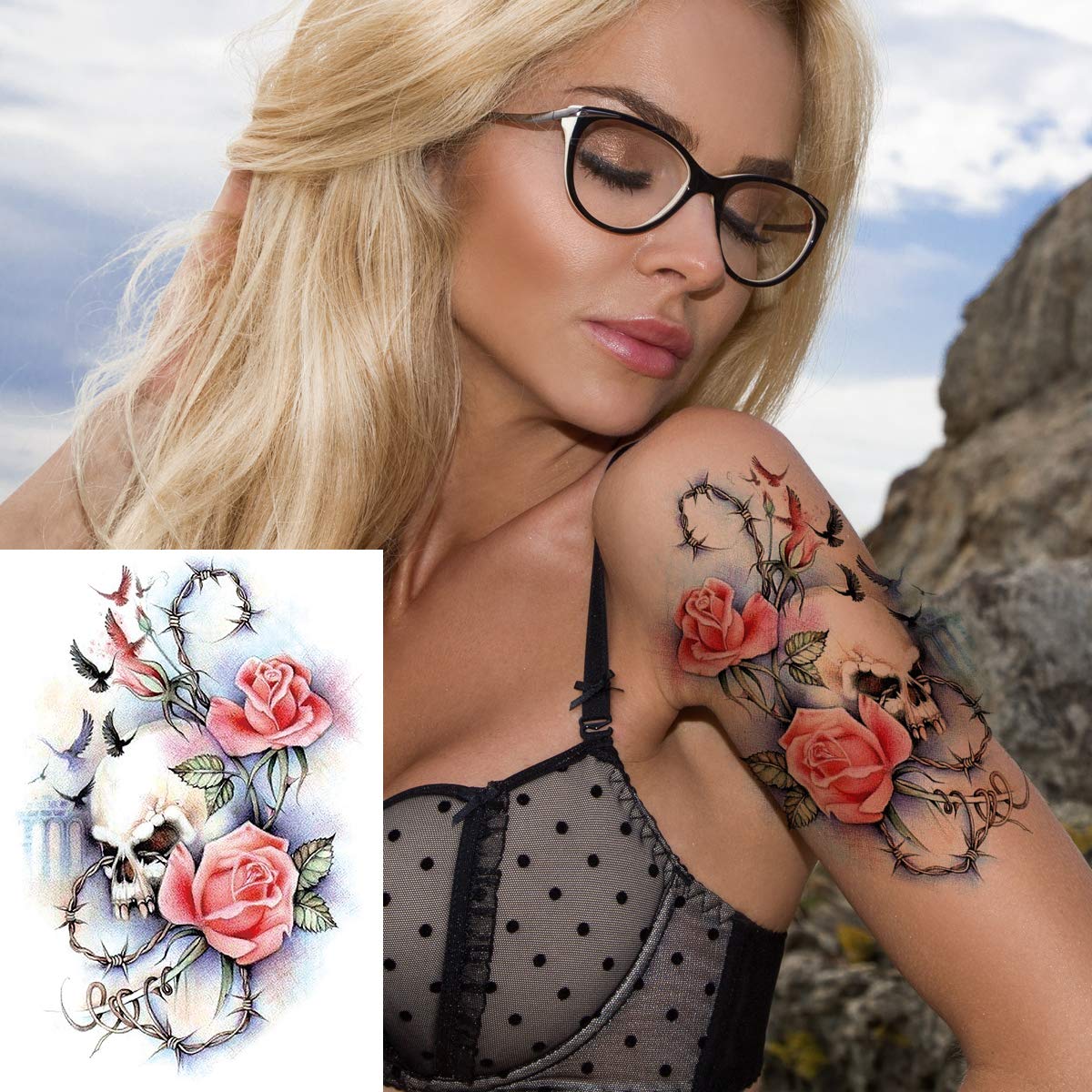 12 hojas PadOUN grandes flores cráneo temporal tatuaje manga para mujeres, 8 hojas realistas brazo completo tatuajes manga y 4 hojas medio brazo