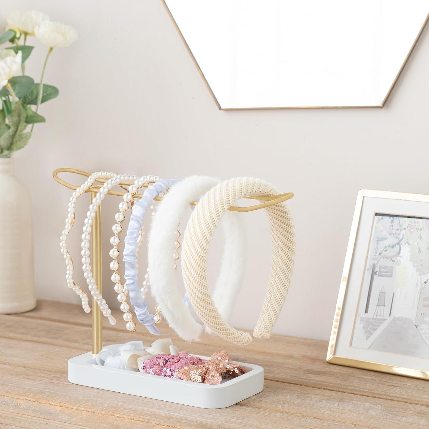 Mkono Soporte para diadema de metal, organizador de diadema dorada, organizador de accesorios para el cabello, para mujeres, adolescentes, niñas,