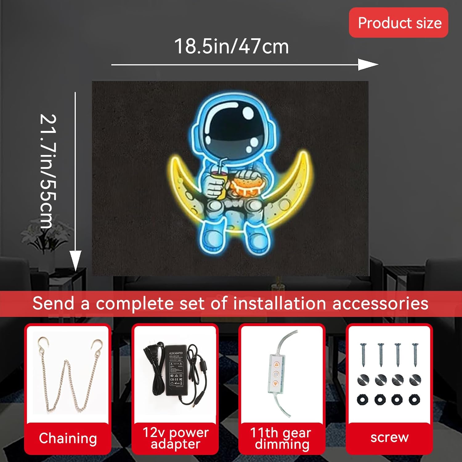 Letreros de neón de astronauta para decoración de pared, 21.7 x 18.5 pulgadas, letrero LED iluminado para dormitorio, hogar, barra de cumpleaños
