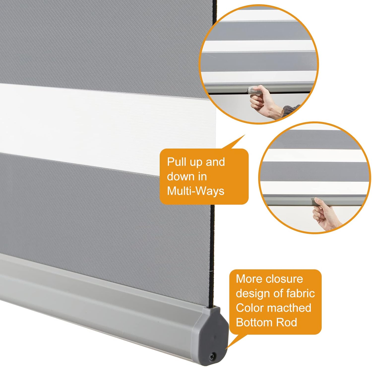 Persilux Persianas estilo cebra sin cordones para ventanas (70 pulgadas de ancho x 47 pulgadas de alto, gris), persianas de doble capa con control