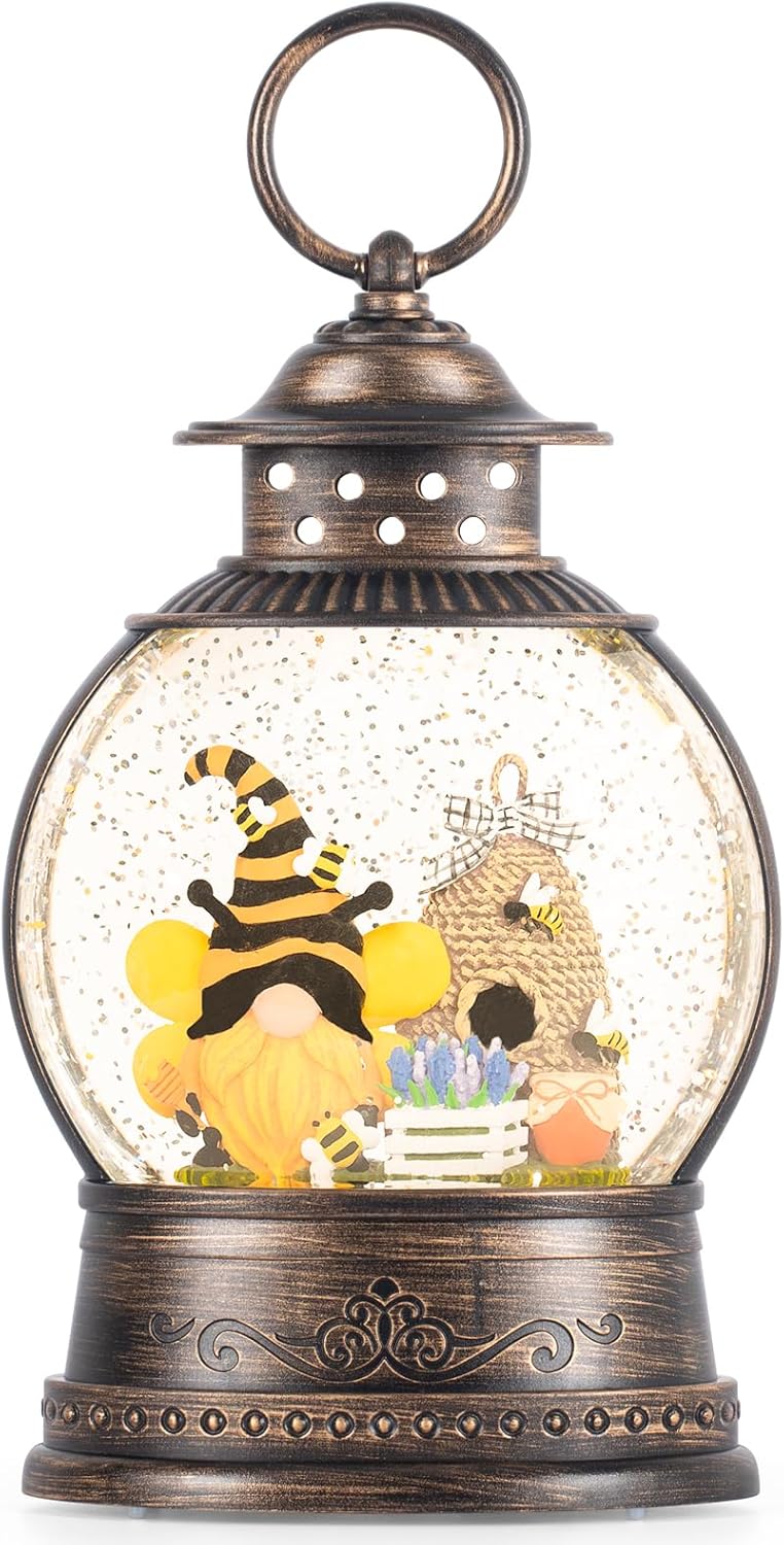 Gnomos de primavera, globo de nieve, gnomo de abeja de miel, decoración del Día Mundial de las Abejas, Temporizador de 6 horas, funciona con