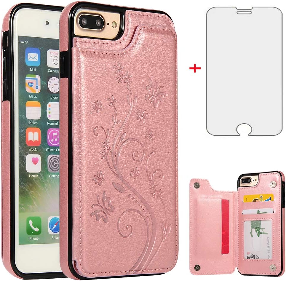 Funda de teléfono para iPhone 7plus 8plus 78 Plus con protector de pantalla de vidrio templado y tarjetero para tarjetero, accesorios de cuero para
