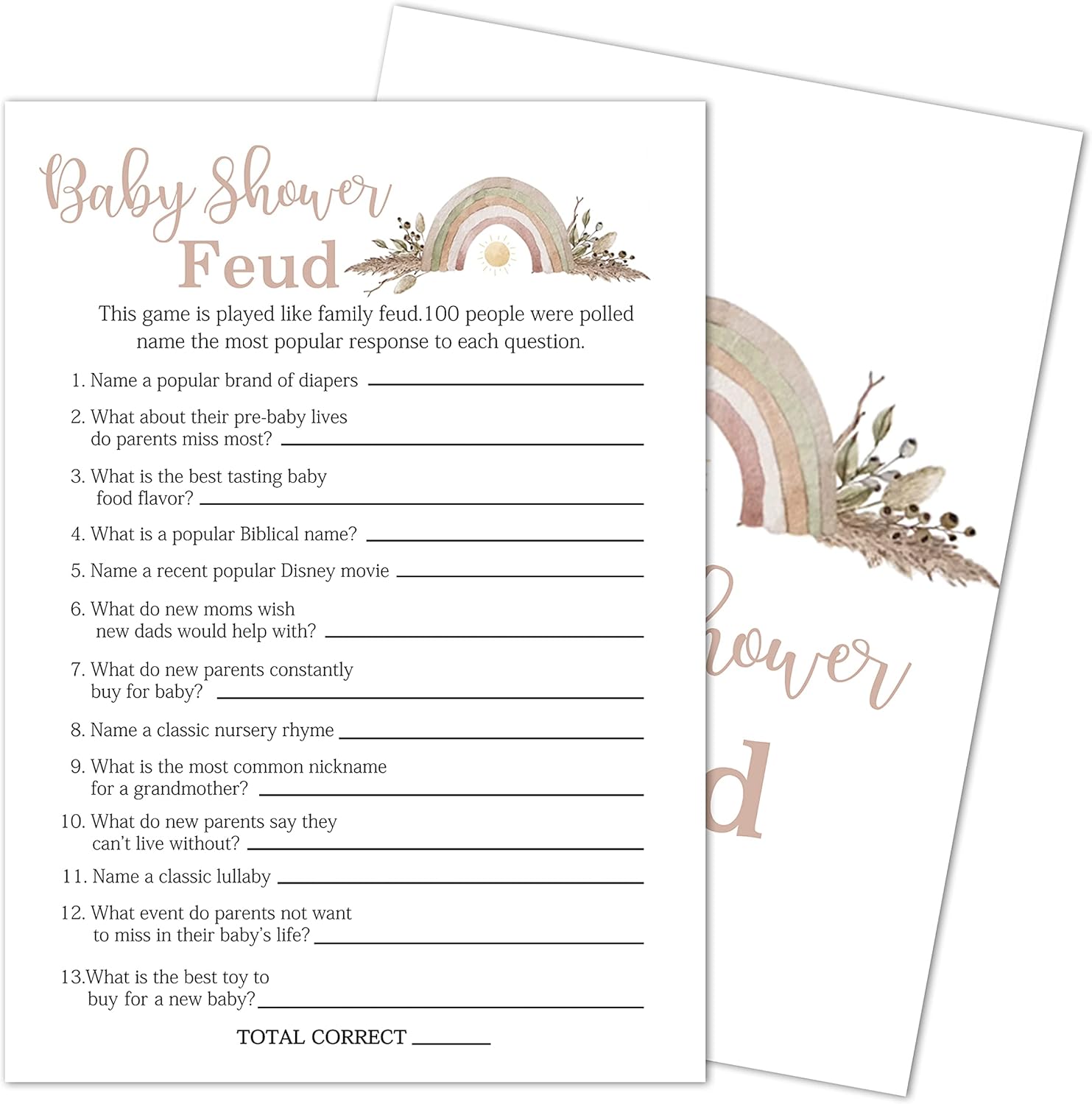 Baby Shower Feud Baby Shower Game, suministros para fiesta de revelación de género, decoraciones de fiesta floral arco iris, 30 tarjetas de juego, 1