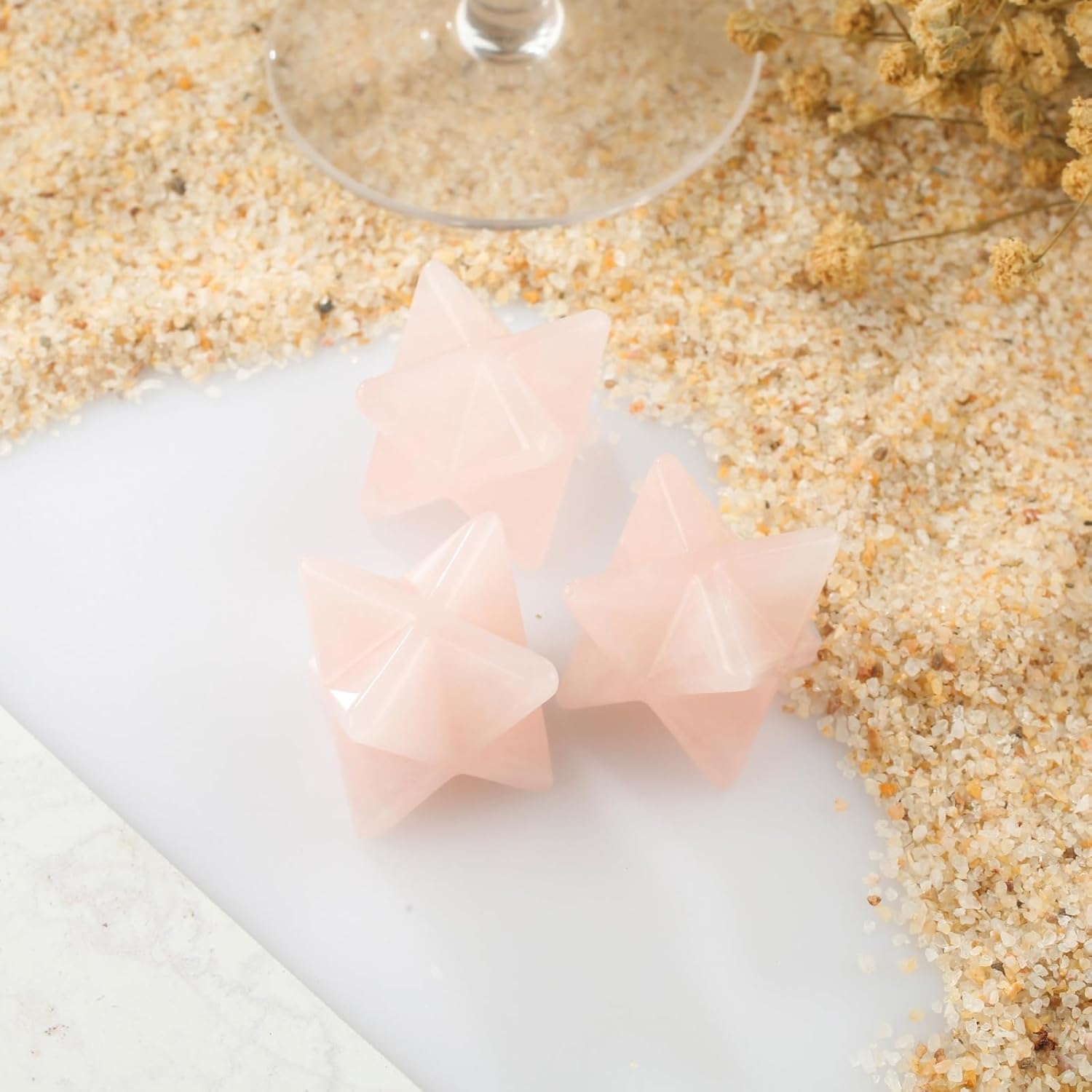 GoldHarvet – Cristal Merkaba de cuarzo rosa natural de 1 pulgada, protección de piedra Merkaba 3D, meditación sagrada, generador de energía