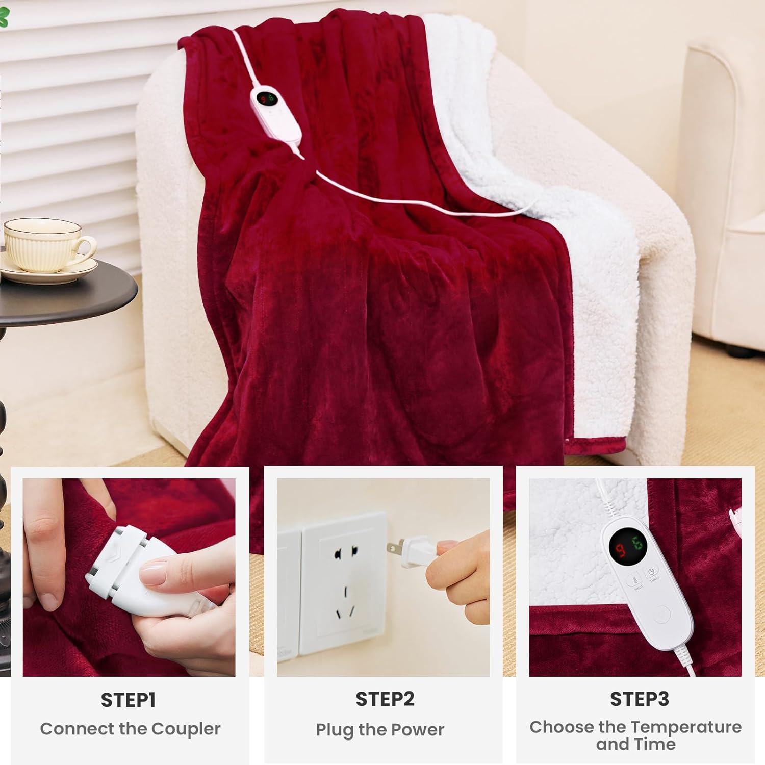 HYLEORY Manta térmica Sherpa eléctrica para invierno, 6 ajustes de calor, con temporizador de 9 horas, apagado automático, sofá del hogar, lavable a