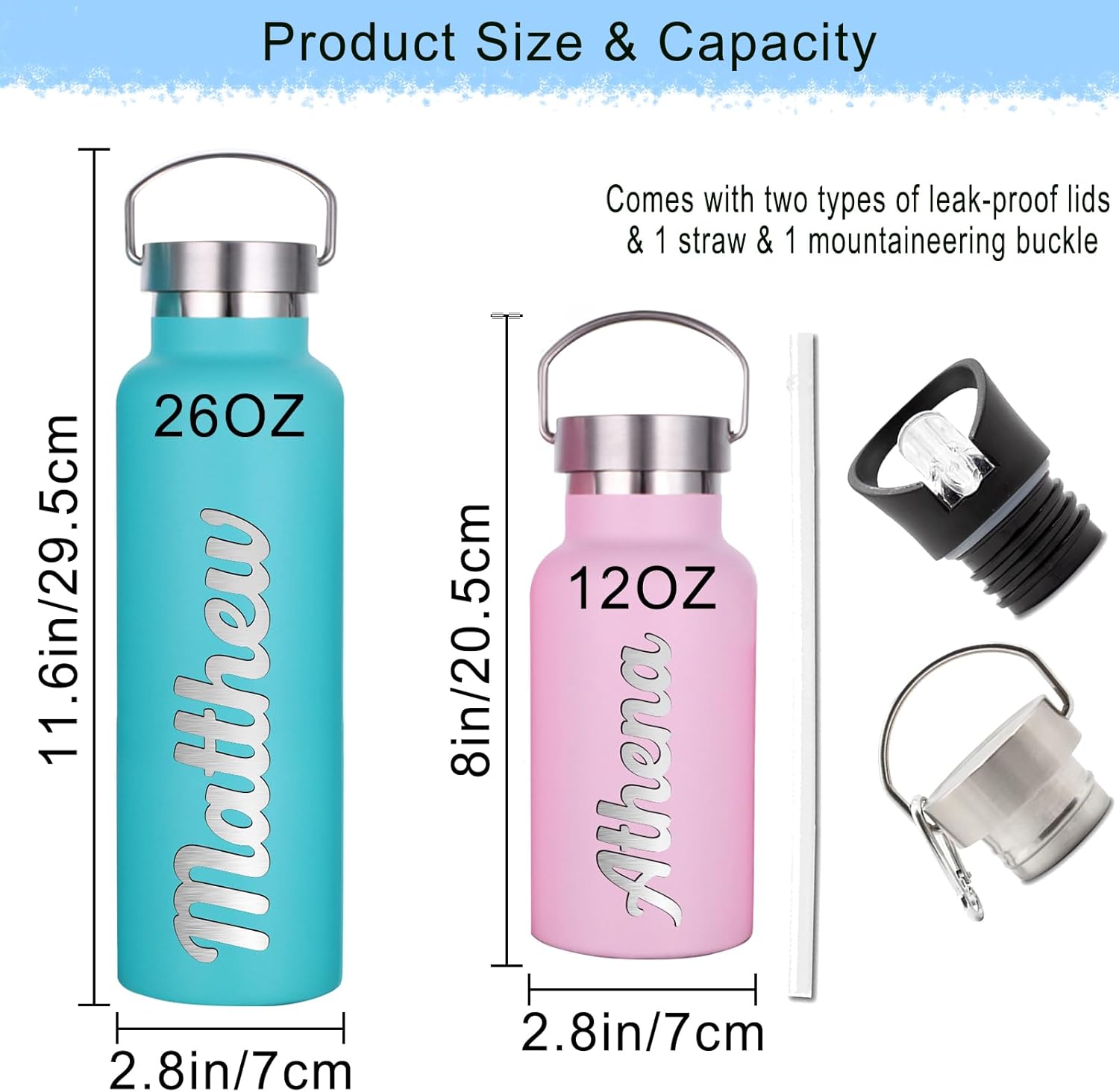 Botellas de agua personalizadas con tapa de popote de 1226 onzas con nombre grabado, logotipo, botella aislada personalizada, botellas de agua de
