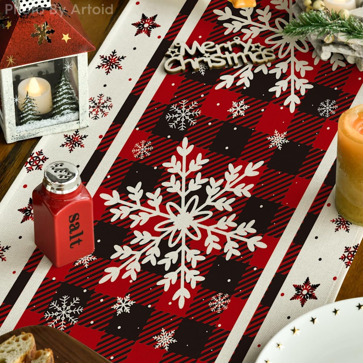 Artoid Mode Camino de mesa de Navidad con copos de nieve a cuadros, decoración de mesa de comedor de cocina de invierno para decoración de fiesta en