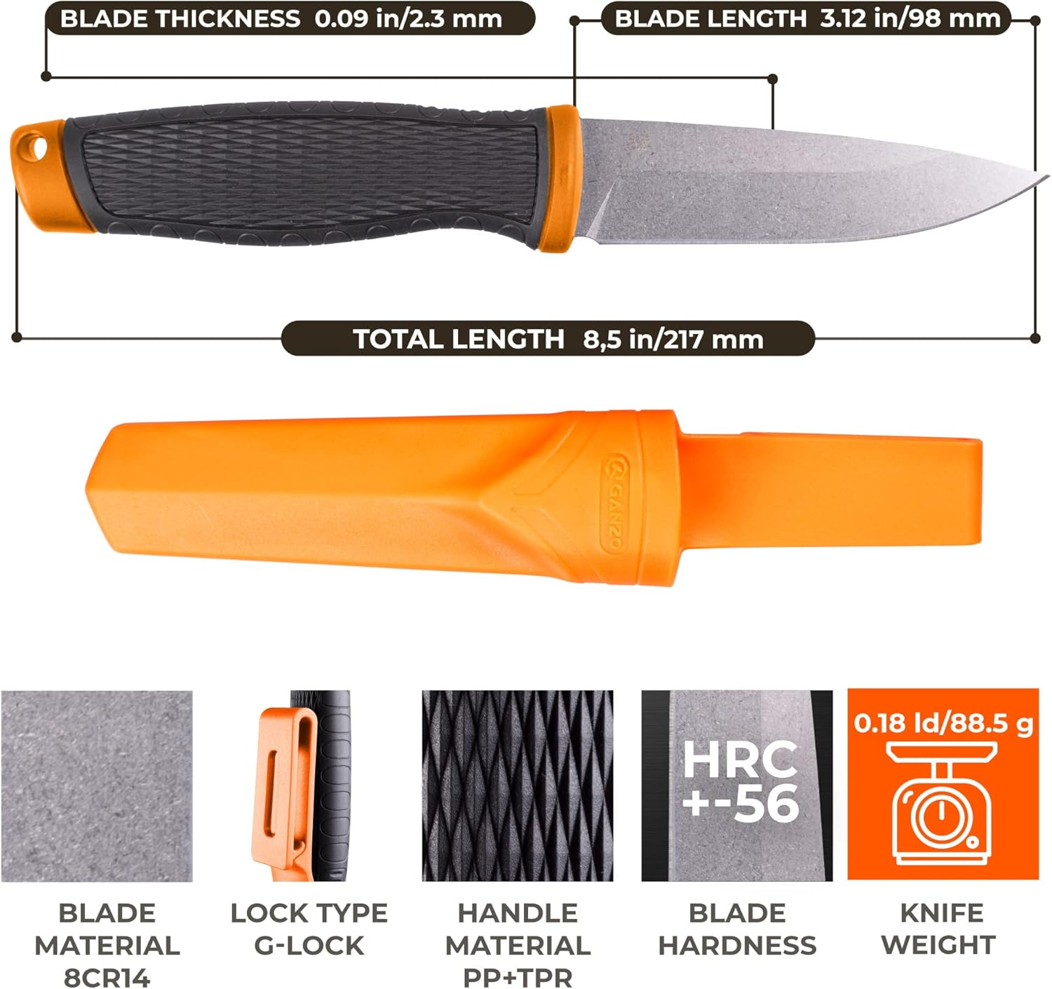 Ganzo G806-OR Cuchillo de hoja fija 8CR14 Hoja de acero inoxidable Mango ergonómico antideslizante Camping Caza Pesca al aire libre EDC Cuchillo con