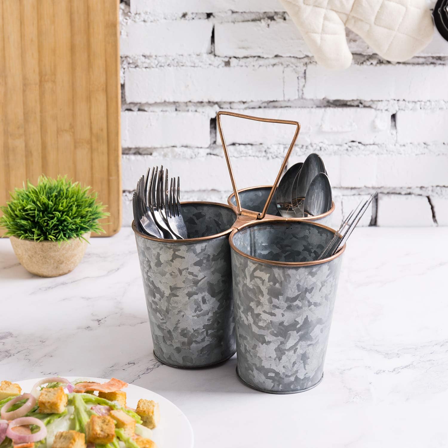 MyGift Organizador de utensilios de metal galvanizado con 3 compartimentos, borde y asa de cobre, almacenamiento de cubiertos para encimera,