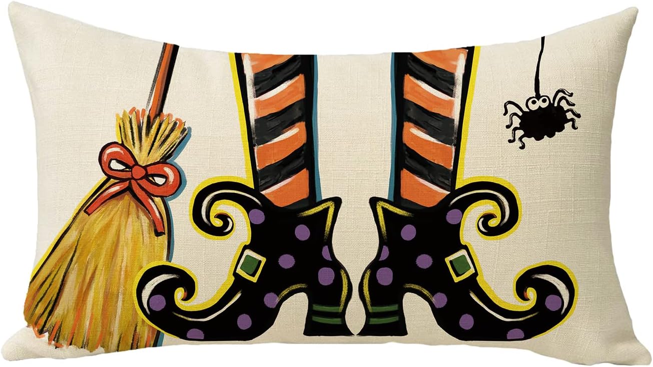 Funda de almohada decorativa lumbar con zapatos de bruja de Halloween de 12 x 20 pulgadas, escoba rectangular araña para decoración del hogar al