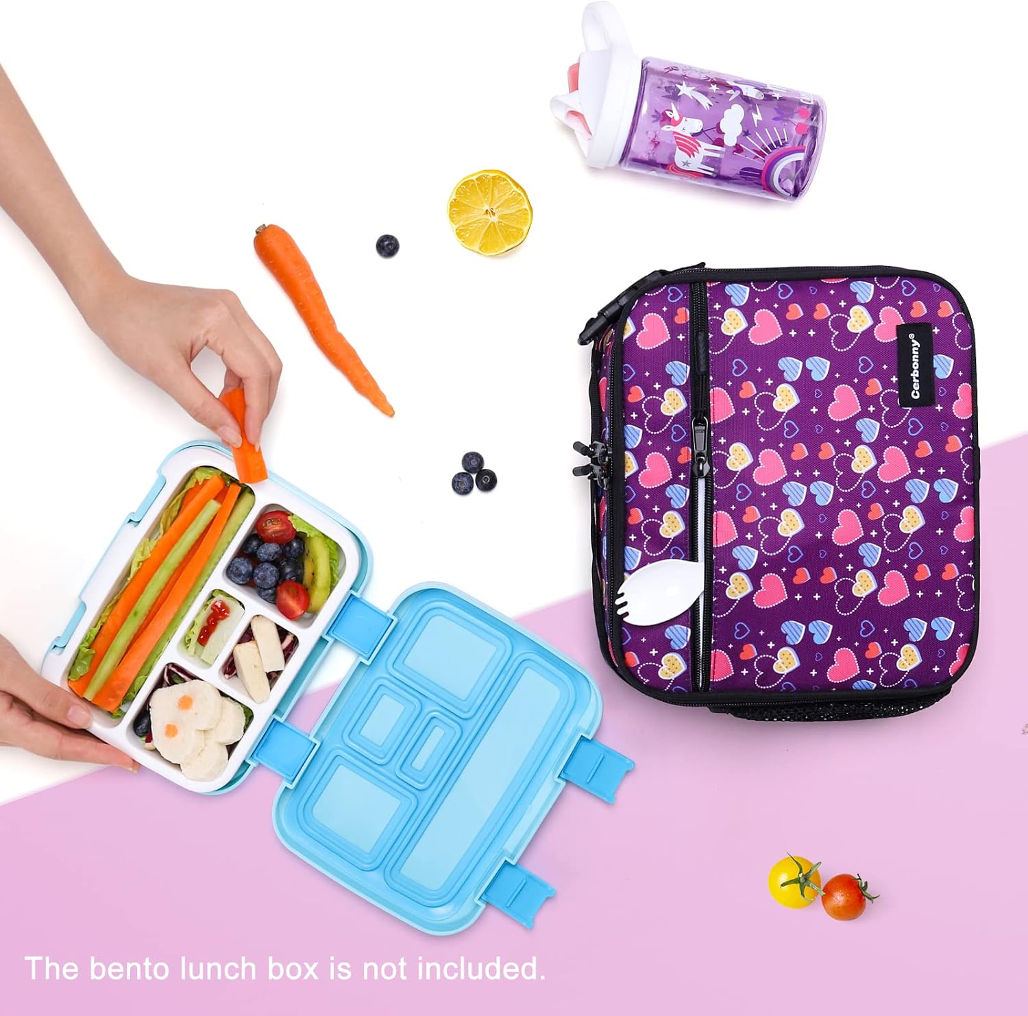 Cerbonny Bolsa de almuerzo congelable, Purple Love-P, unisex, poliéster, soporte para comidas, paquetes de gel que mantienen la comida fresca