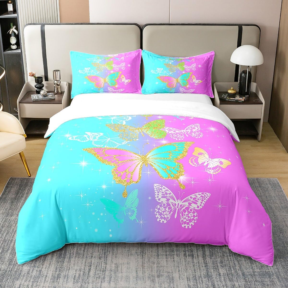 Dreamy Butterfly – Juego de funda de edredón 100 % algodón, diseño de cuadrícula azul y morado con purpurina para niños, niñas, adolescentes,