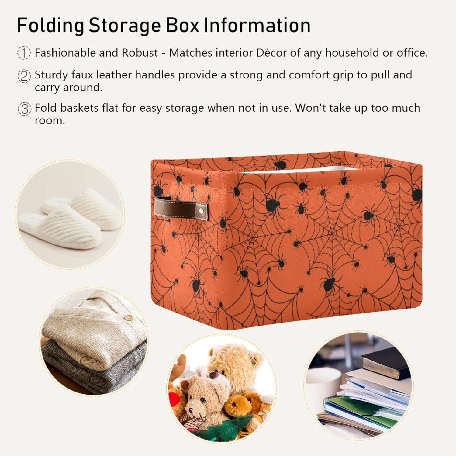 ALAZA Caja de almacenamiento plegable de tela de araña de Halloween, color naranja, cesta organizadora con asas para estantes, armario, sala de