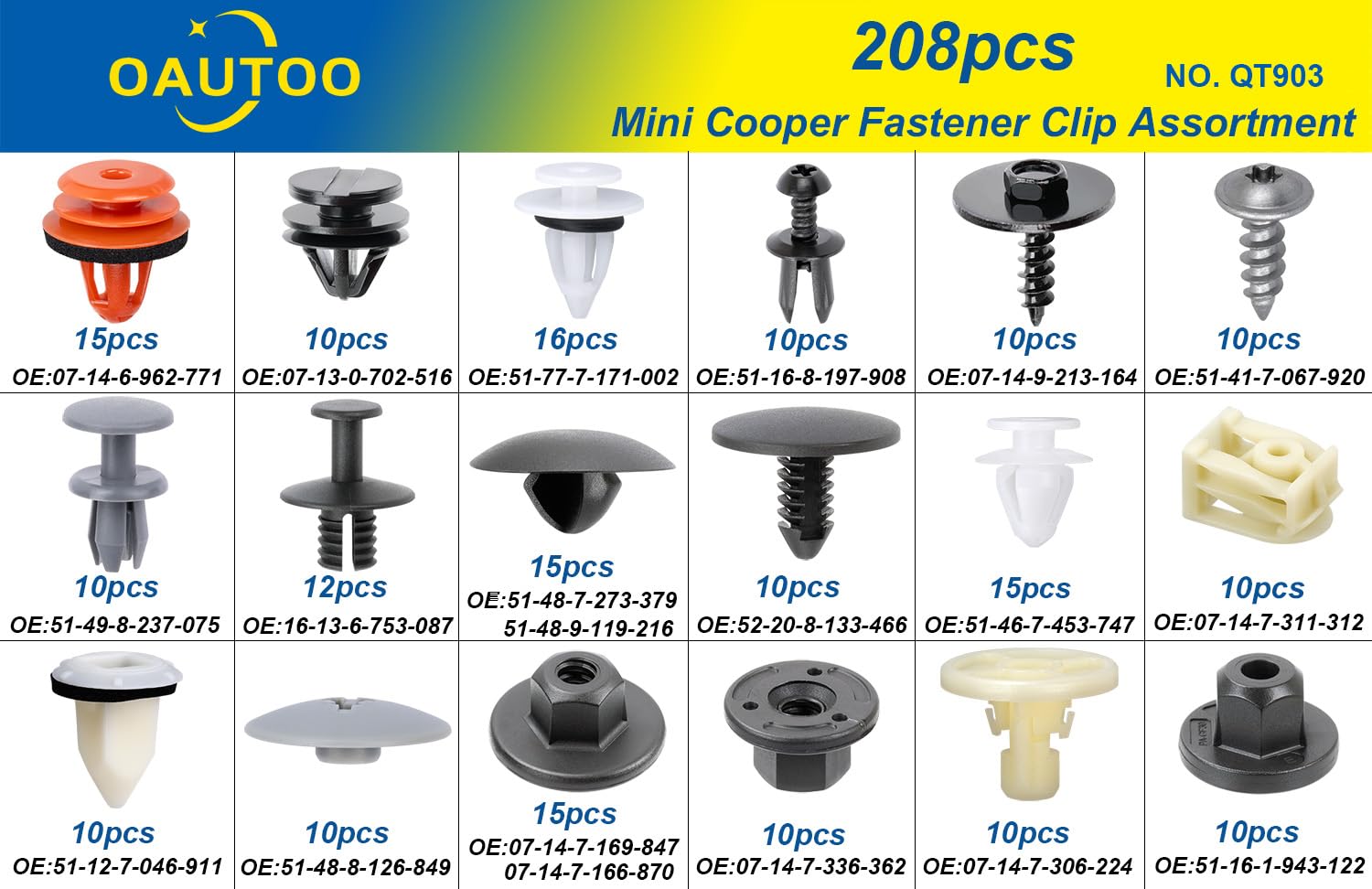 OAUTOO 208pcs para Mini Cooper Auto Cuerpo Interior y Exterior Retenedor Clip Clip Surtido