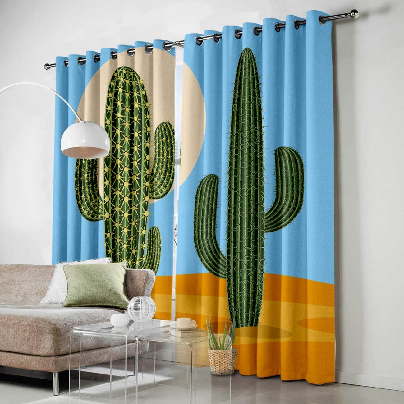 FortuneHouse Blackout Curtains Thermal Insulated Illustration of Desert Cactus Solid Pattern Metal Grommet Elegant Room Drapes Window Curtain for