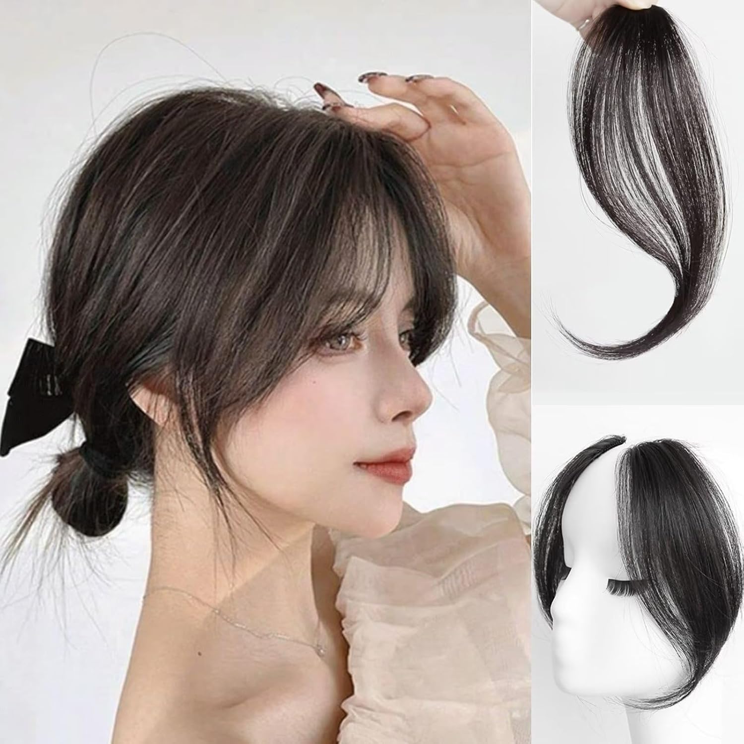 RUNBFUUY – 2 extensiones de cabello humano real ondulado con fleco y fleco lateral (negro natural)