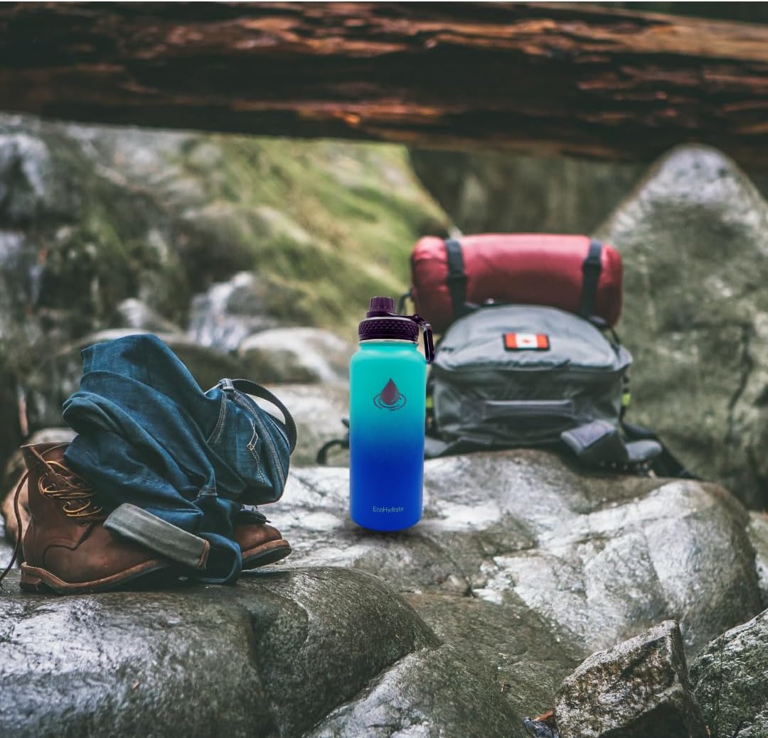 EcoHydrate – Botella de agua deportiva de 32 onzas, acero inoxidable, térmica aislada, botellas de gimnasio y deportes, azul y azul claro