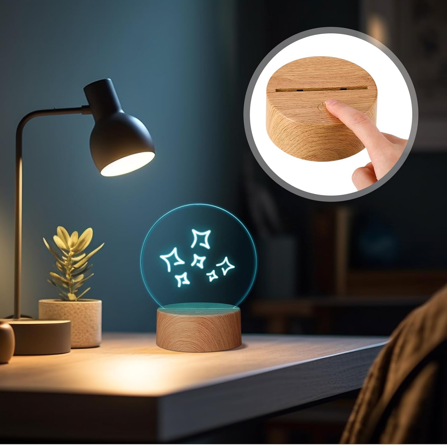 12 bases de lámpara de noche LED 3D, 12 hojas de acrílico transparente en blanco, 16 colores, 4 modos con control remoto, cable USB, color madera,