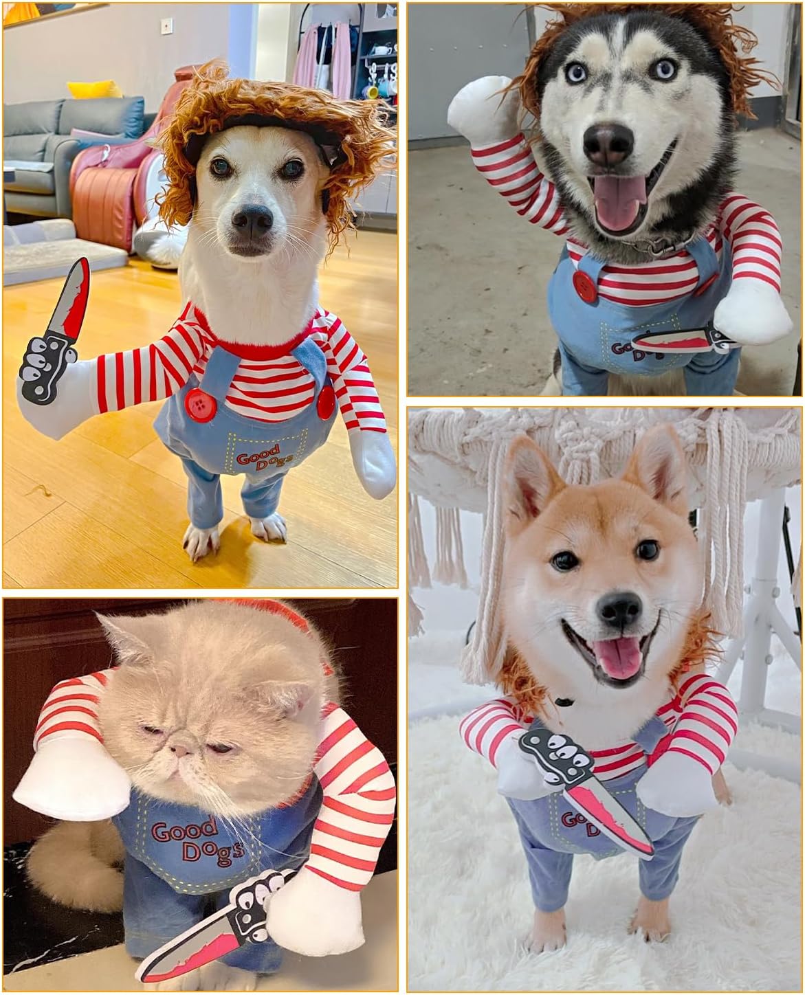 Disfraz de muñeca mortal para perro, divertido disfraz de perro Chucky para Halloween, Navidad, cosplay, ropa para perros pequeños, medianos y