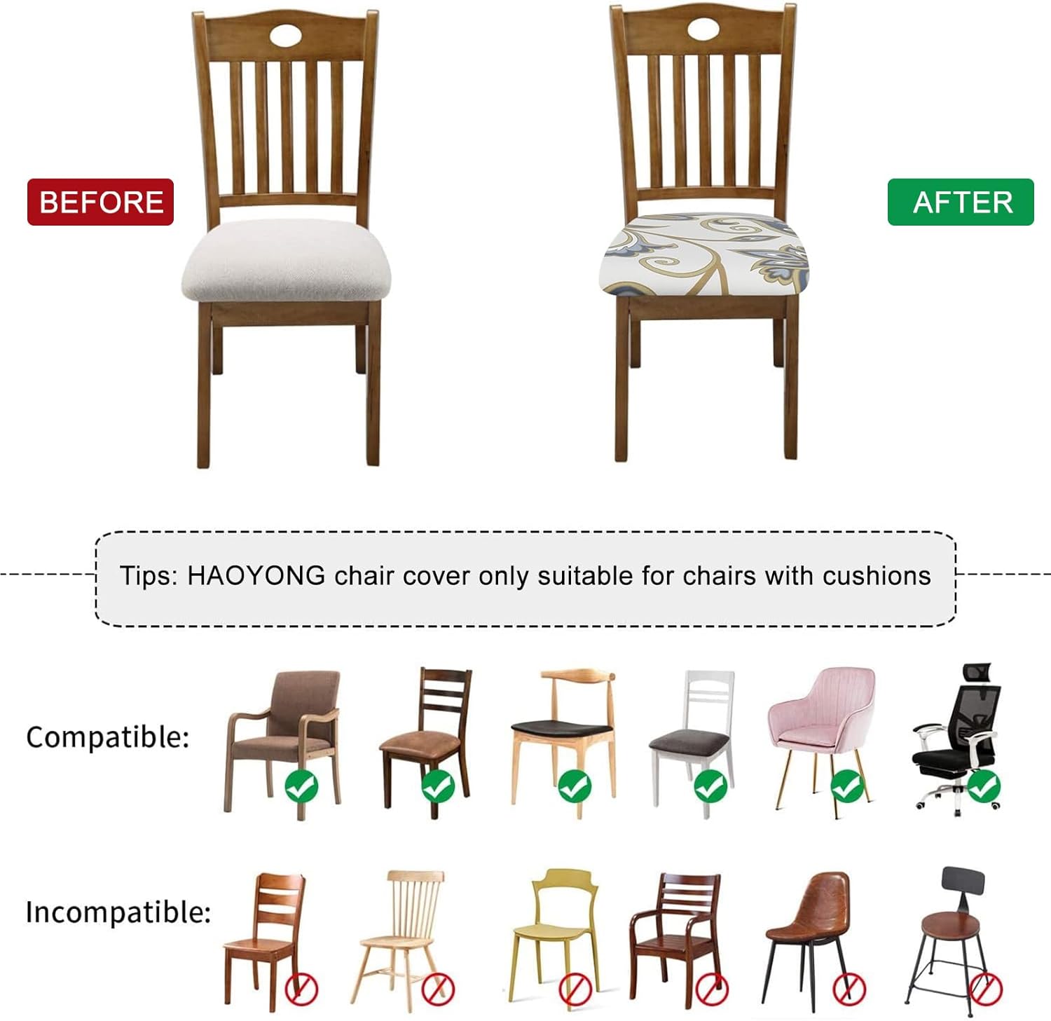 HAOYONG Funda de asiento impermeable para silla de comedor, fundas para sillas de cocina, fundas de TPU impermeables con estampado de poliuretano
