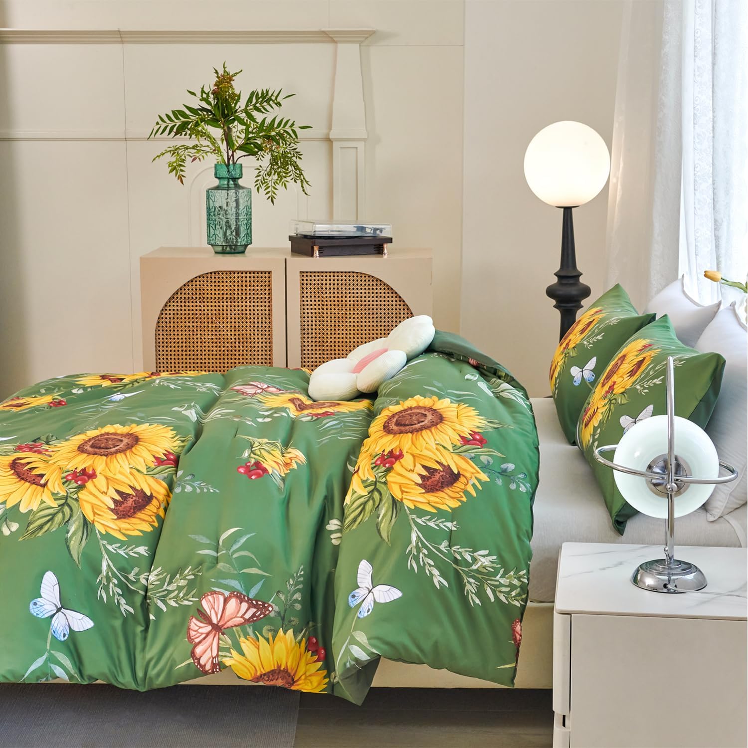 Juego de edredón verde de girasol, juego de ropa de cama de 3 piezas con flores amarillas con plumón alternativo de mariposa, juego de edredón