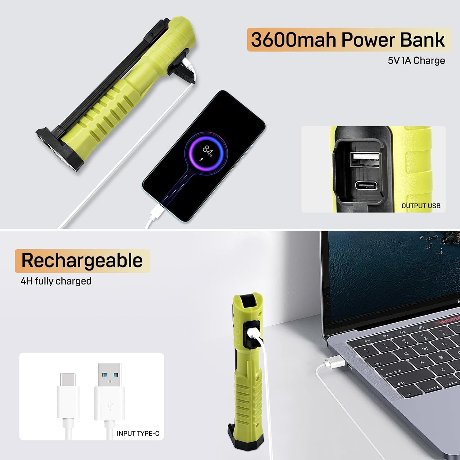 aceyoon Luz de trabajo LED magnética, 1500 lm, 7 modos de iluminación, luz de trabajo recargable, rotación de 180 plegable y gancho con linterna USB