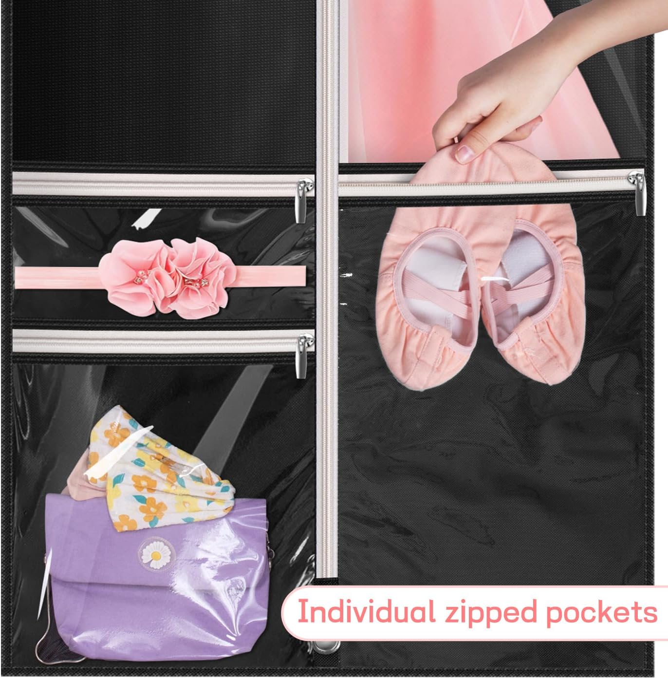 Kimbora Bolsa de ropa para baile de disfraces con 3 bolsillos transparentes con cremallera para trajes, funda de vestido, almacenamiento de viajes y