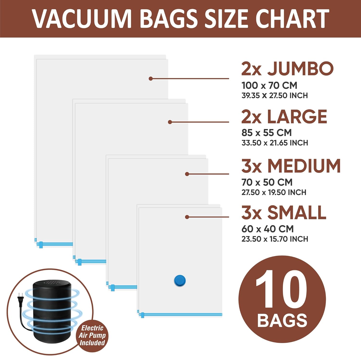 10 bolsas de almacenamiento al vacío con bomba eléctrica, bolsas de almacenamiento selladas al vacío (2Jumbo2L3M3S), bolsas de sellado al vacío