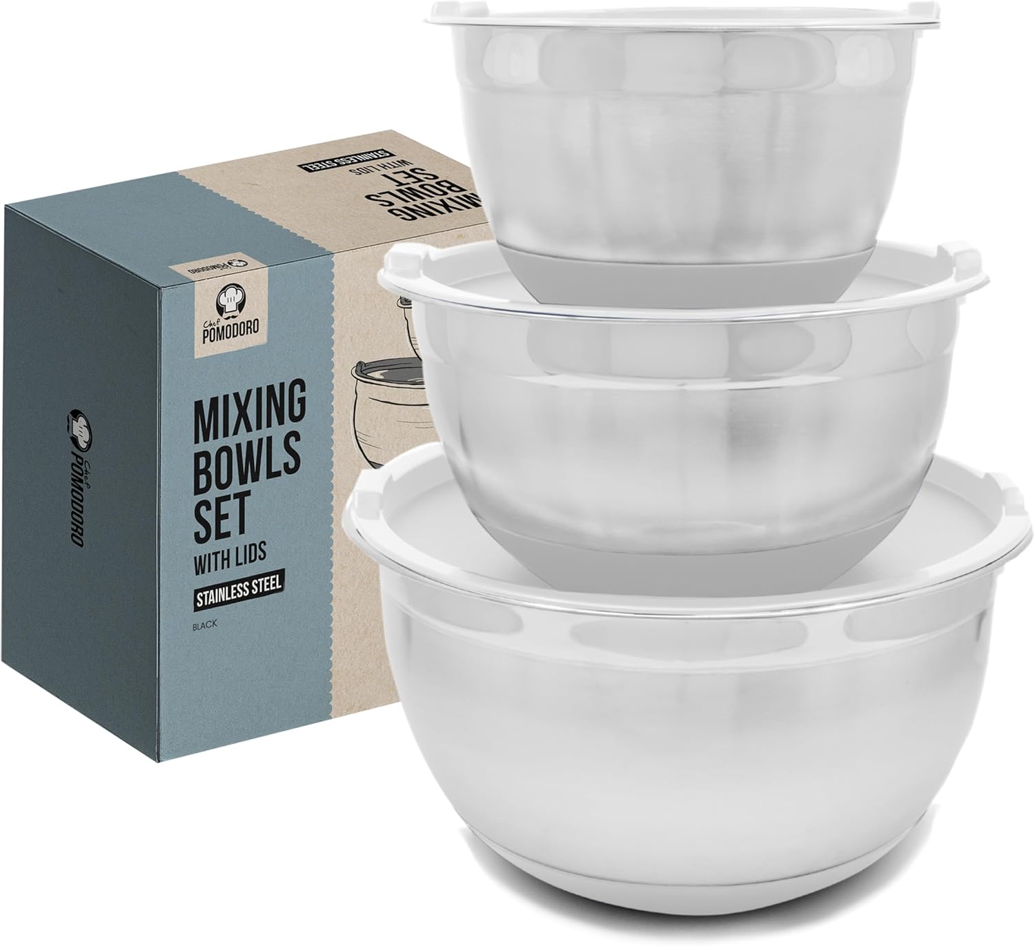 Chef Pomodoro Juego de cuencos para mezclar de acero inoxidable, cuencos de metal con tapas, base de silicona antideslizante, cuencos anidables, 3