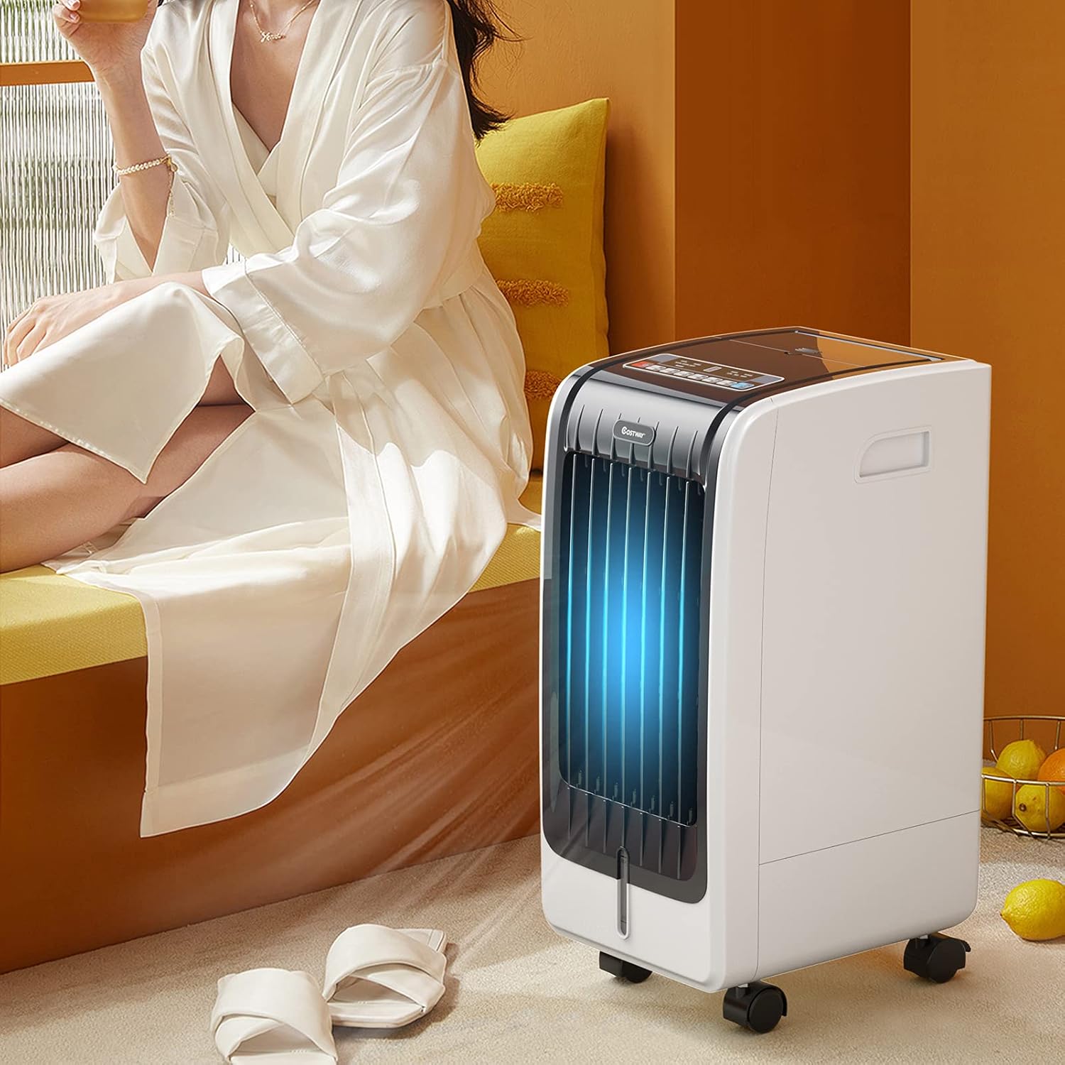 COSTWAY Enfriador de aire evaporativo portátil para habitación, incluye control remoto, 2 paquetes de hielo, ventilador portátil sin aspas con 3