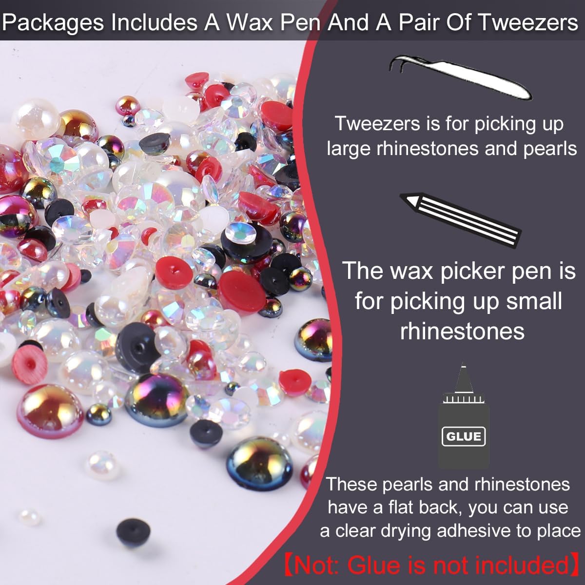 TULOBI Perlas mixtas de 1.06 oz con parte trasera plana y diamantes de imitación para manualidades, color negro AB, blanco y rojo, 1100 piezas de