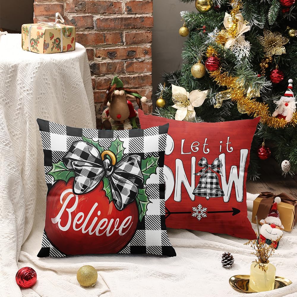 DFXSZ Juego de 4 fundas de almohada de Navidad de 18 x 18 pulgadas, diseño de búfalo blanco y negro con texto en inglés “Merry and Bright Christmas