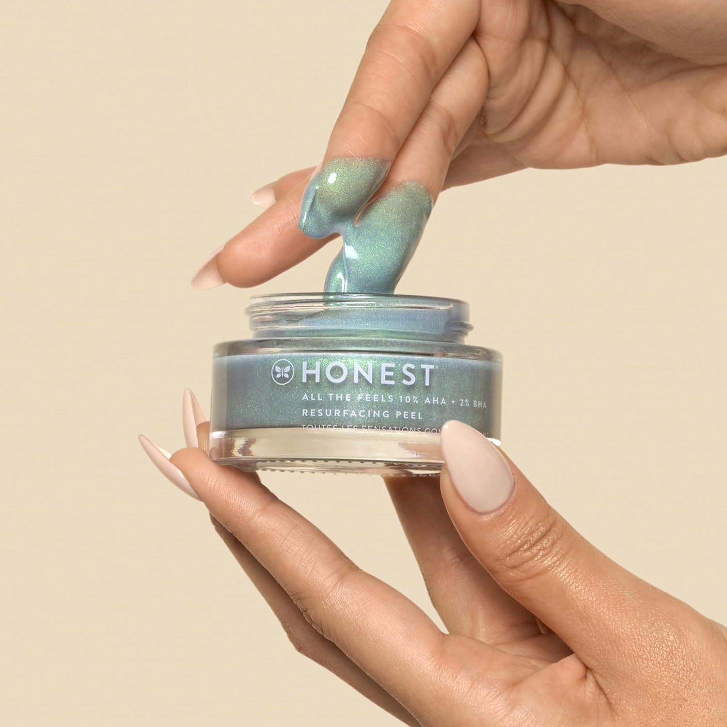 Honest Beauty All the Feels Resurfacing Peel  10% AHA + 2% BHA  Exfolia profundamente + renueva la piel  Vegano + libre de crueldad  1.7 onzas