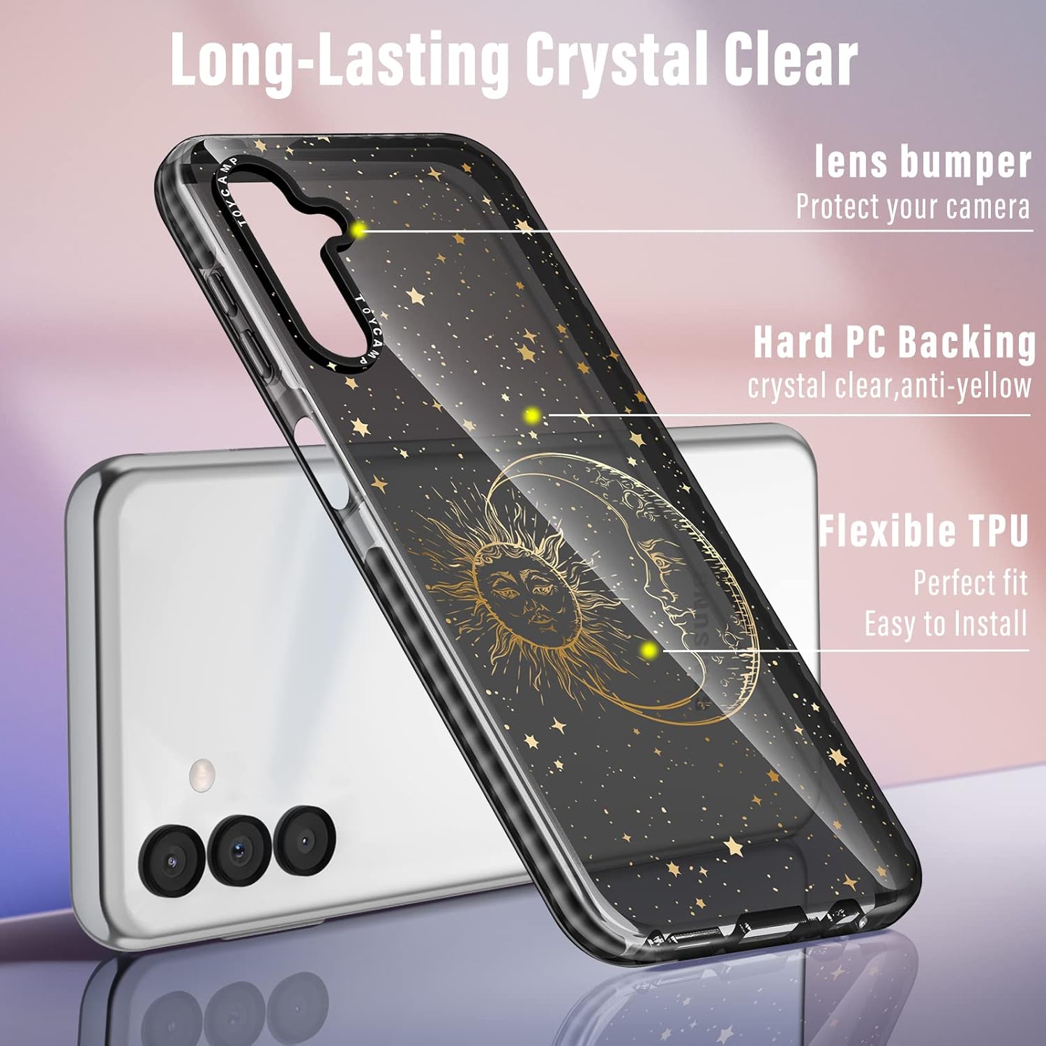 Toycamp Funda de teléfono para Galaxy A54 0.18 oz con soporte de anillo, diseño de fantasía con purpurina, diseño de estrellas y sol, luna,