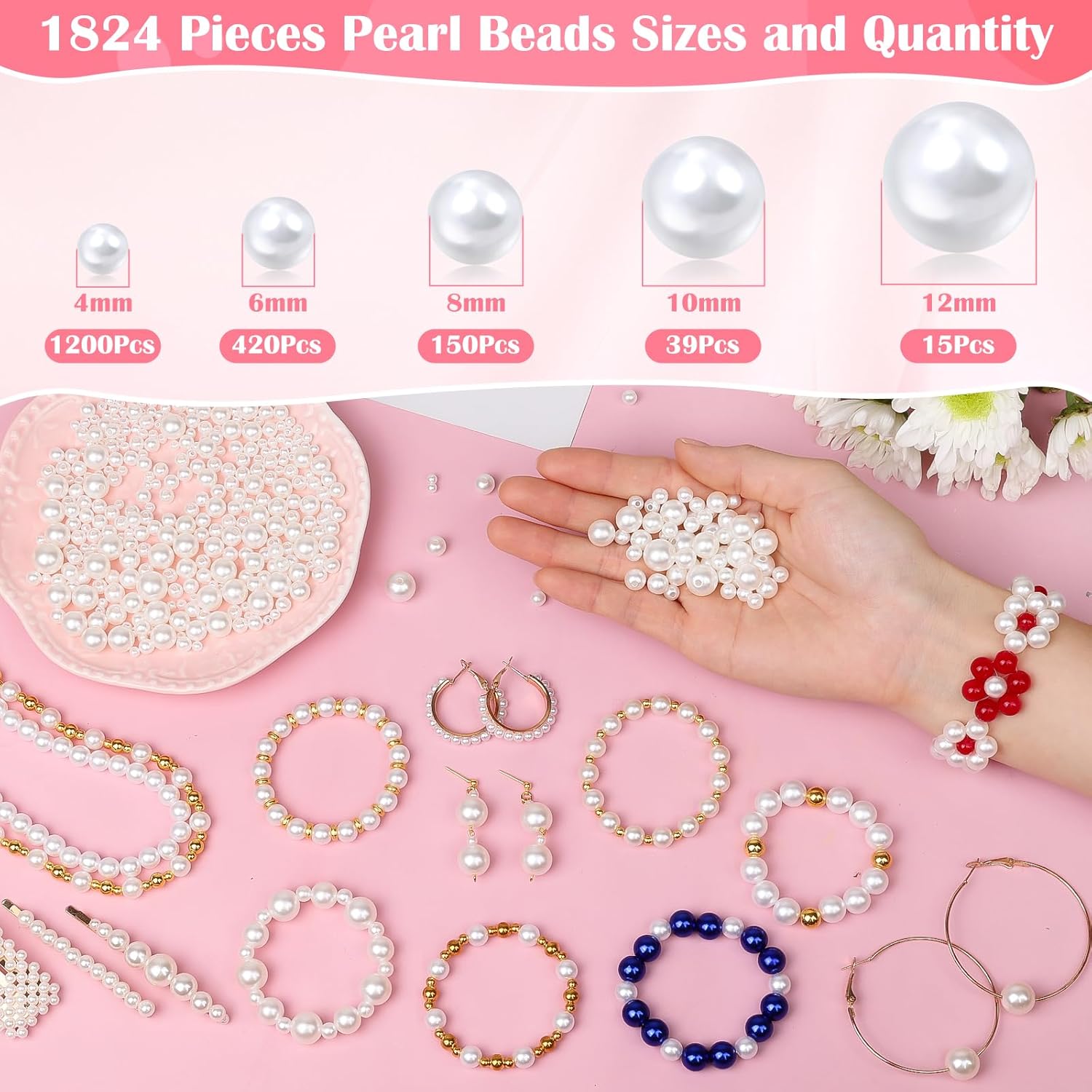 1824 cuentas de perlas para la fabricación de joyas, 5 tamaños mezclados de 0.157 in, 0.236 in, 0.315 in, 0.394 in y 0.472 in para manualidades,