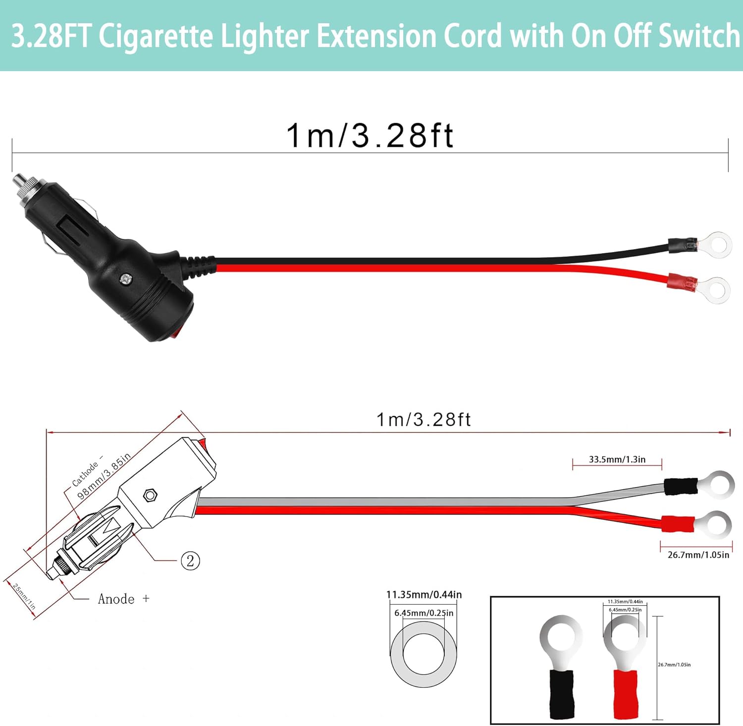 GELRHONR Encendedor de cigarrillos macho a terminal de anillo O con cable adaptador de interruptor de encendido y apagado, cable de extensión de