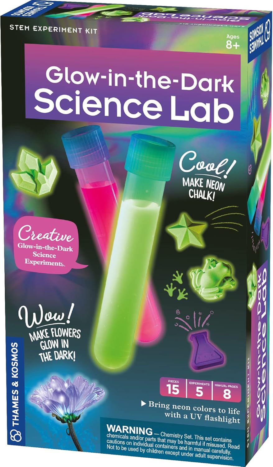 Thames & Kosmos Kit de experimento STEM de laboratorio científico que brilla en la oscuridad, 5 actividades divertidas y seguras con sustancias