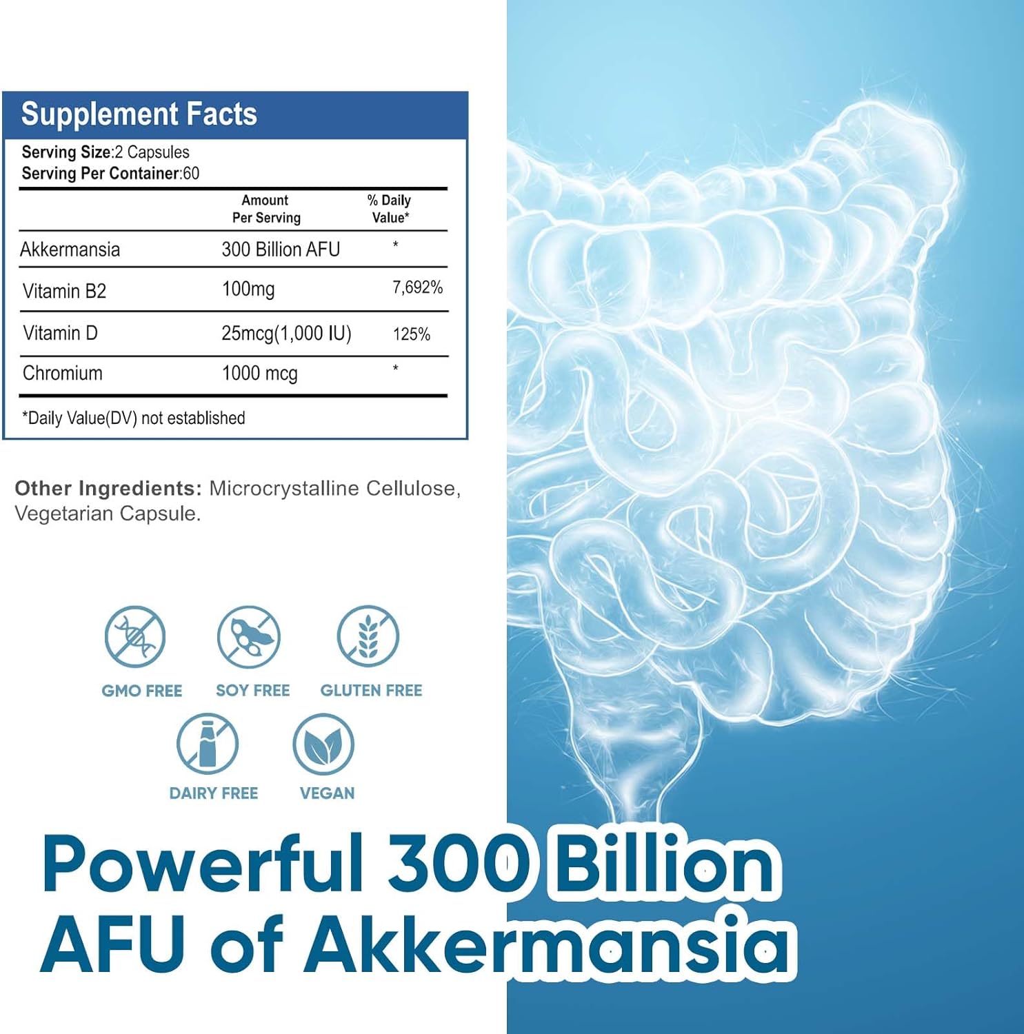 VIVALIFER Naturals Akkermansia Probiotic 300 millones de AFU – para la salud digestiva, inmune y general, apoyo intestinal y GLP-1, 120 cápsulas