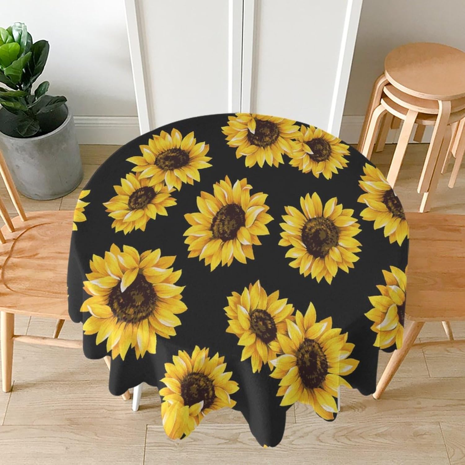 JZDACH Mantel redondo, mantel lavable con girasoles amarillos para restaurante, picnic, boda, comedor interior y exterior, 48 pulgadas