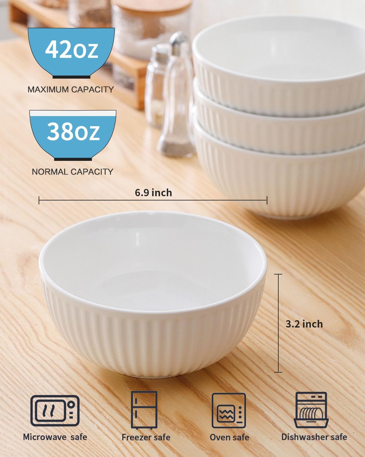 Hasense Cuencos grandes de cerámica blanca de 7 pulgadas a 42 onzas para cocina, modernos platos de porcelana acanalada para entretenimiento, sopa,