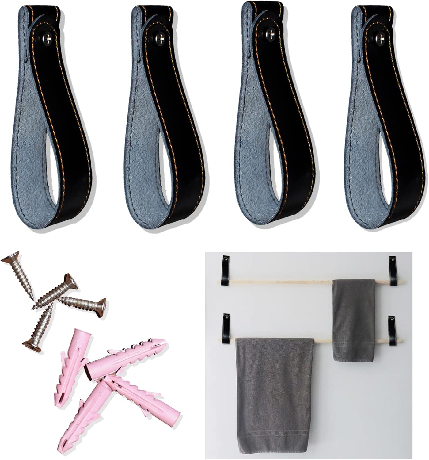 KT – Soporte para barra de cortina de cuero, 4 correas de cuero para colgar correas de cuero auténtico, ganchos de cuero para toalla de pared, baño,