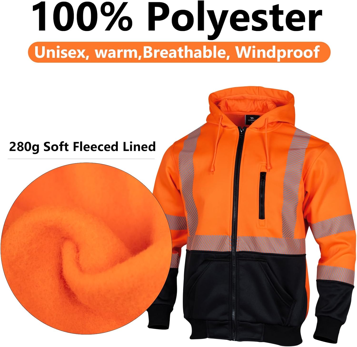 VENDACE Alta visibilidad ANSI Clase 3 Reflectante de Seguridad Fleece Sudadera con capucha para hombres Hi Vis Sudaderas Chaqueta con cremallera