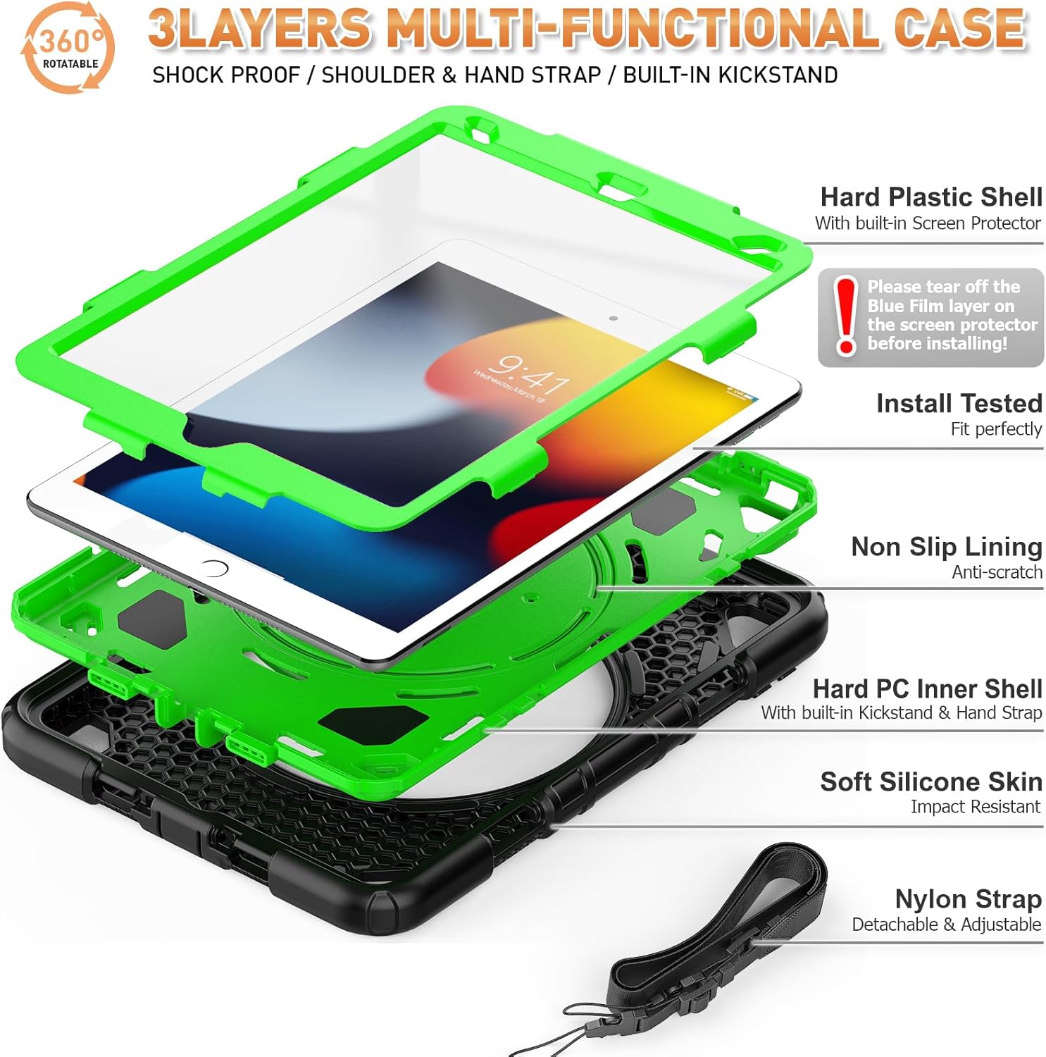 Timecity Funda para iPad de 987 generación, para iPad 10.2 2019-2021 con protección fuerte, protector de pantalla, correa de mano, correa para el