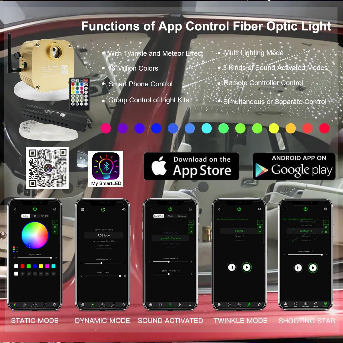 Luces ópticas de fibra óptica de 16 W con control de aplicación, música y centelleo, 3354M