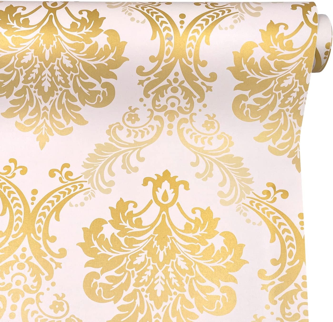 Rollo de papel tapiz de 14.7 pies de papel pintado de damasco dorado, revestimiento autoadhesivo para cajones de 17.7 x 177 pulgadas, cubierta de