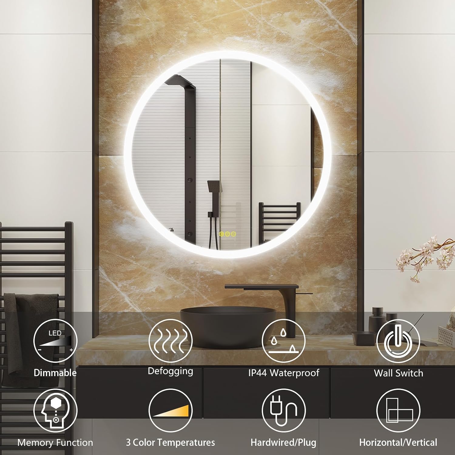 CITYMODA Round Bathroom Mirror LED 36 inch Led Mirror Anti-Fog, Stepless Dimmable, 3 Temperature, Memory Bathroom Vanity Mirror with Lights CRI90+