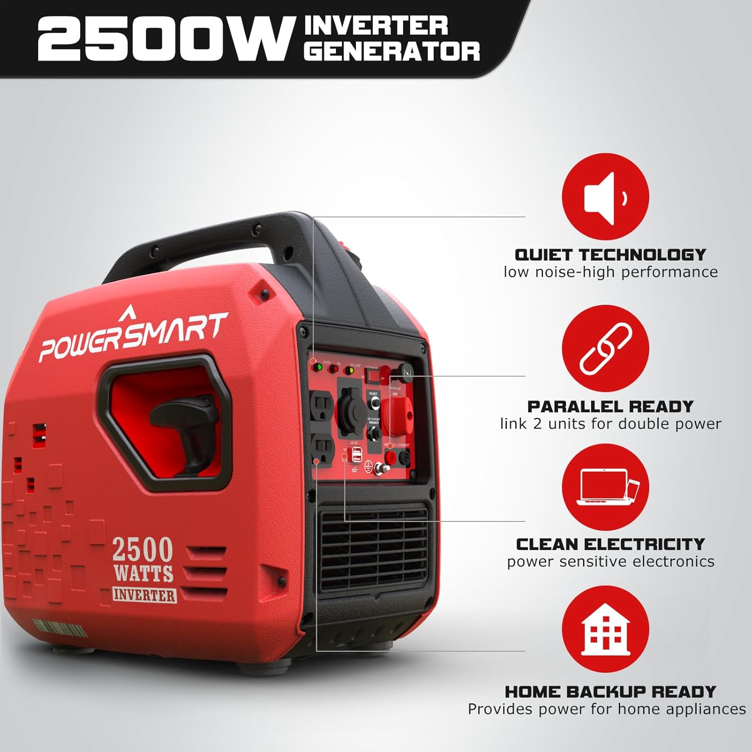 PowerSmart Generador inversor de gas portátil de 2500 vatios, súper silencioso, generador de alta eficiencia de combustible, ligero, compatible con