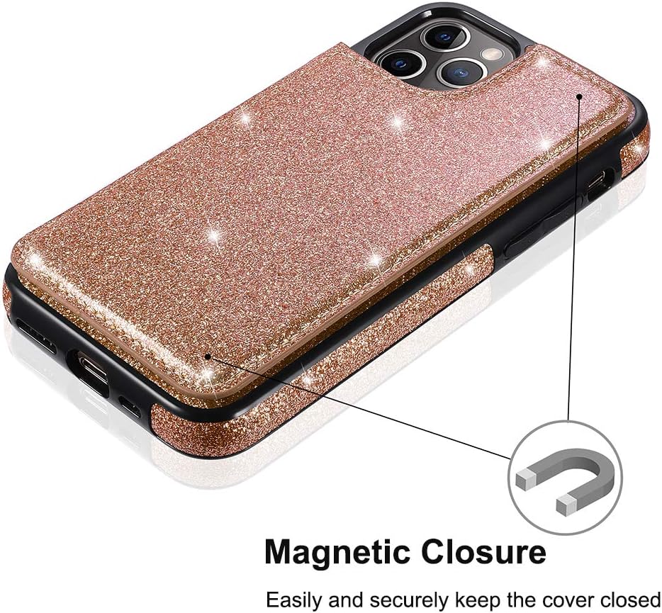UEEBAI Funda para iPhone 11, funda de piel sintética con purpurina de alta calidad dos cierres magnéticos ranuras para tarjetas Función de soporte,